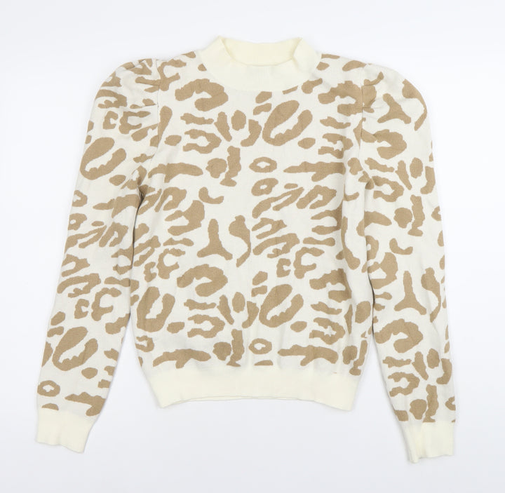 Oneweht Women's Beige Animal Print Mock Neck Puff Sleeve Jumper M
