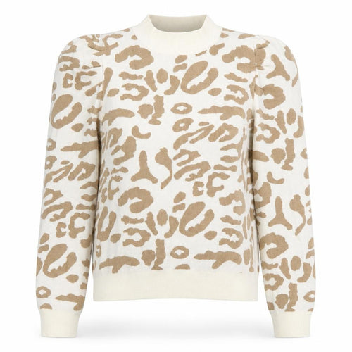 Oneweht Women's Beige Animal Print Mock Neck Puff Sleeve Jumper M