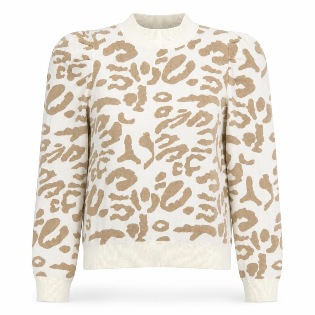 Oneweht Women's Beige Animal Print Mock Neck Puff Sleeve Jumper M