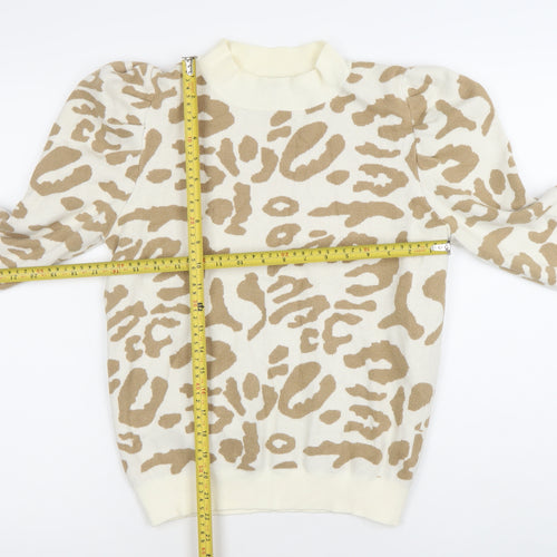 Oneweht Women's Beige Animal Print Mock Neck Puff Sleeve Jumper M