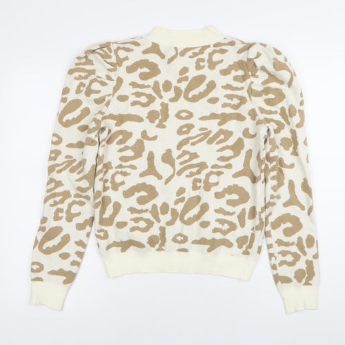 Oneweht Women's Beige Animal Print Mock Neck Puff Sleeve Jumper M
