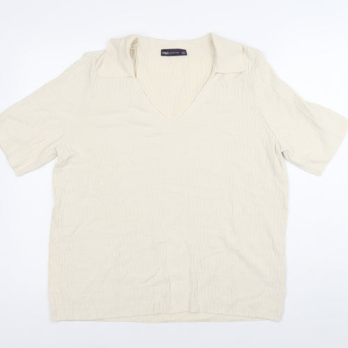 Marks and Spencer Men’s Ivory Knit Polo Shirt L V-Neck Short Sleeve