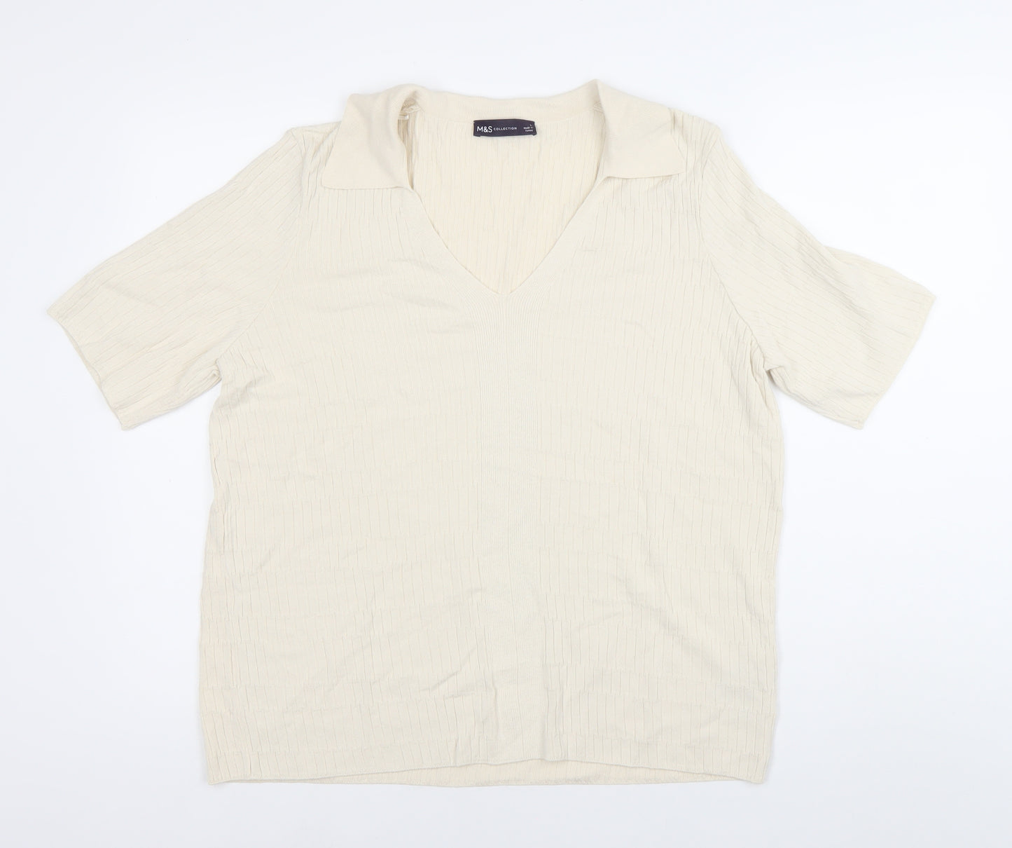 Marks and Spencer Men’s Ivory Knit Polo Shirt L V-Neck Short Sleeve