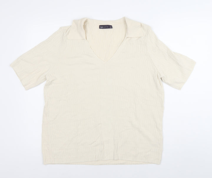 Marks and Spencer Men’s Ivory Knit Polo Shirt L V-Neck Short Sleeve