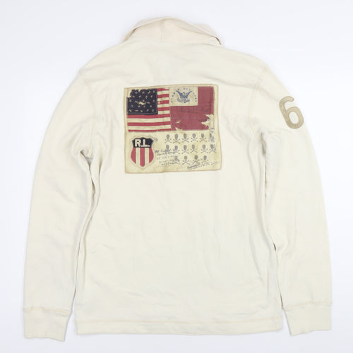 Ralph Lauren Mens Ivory Rugby Polo Shirt Long Sleeve M Cotton American Flag