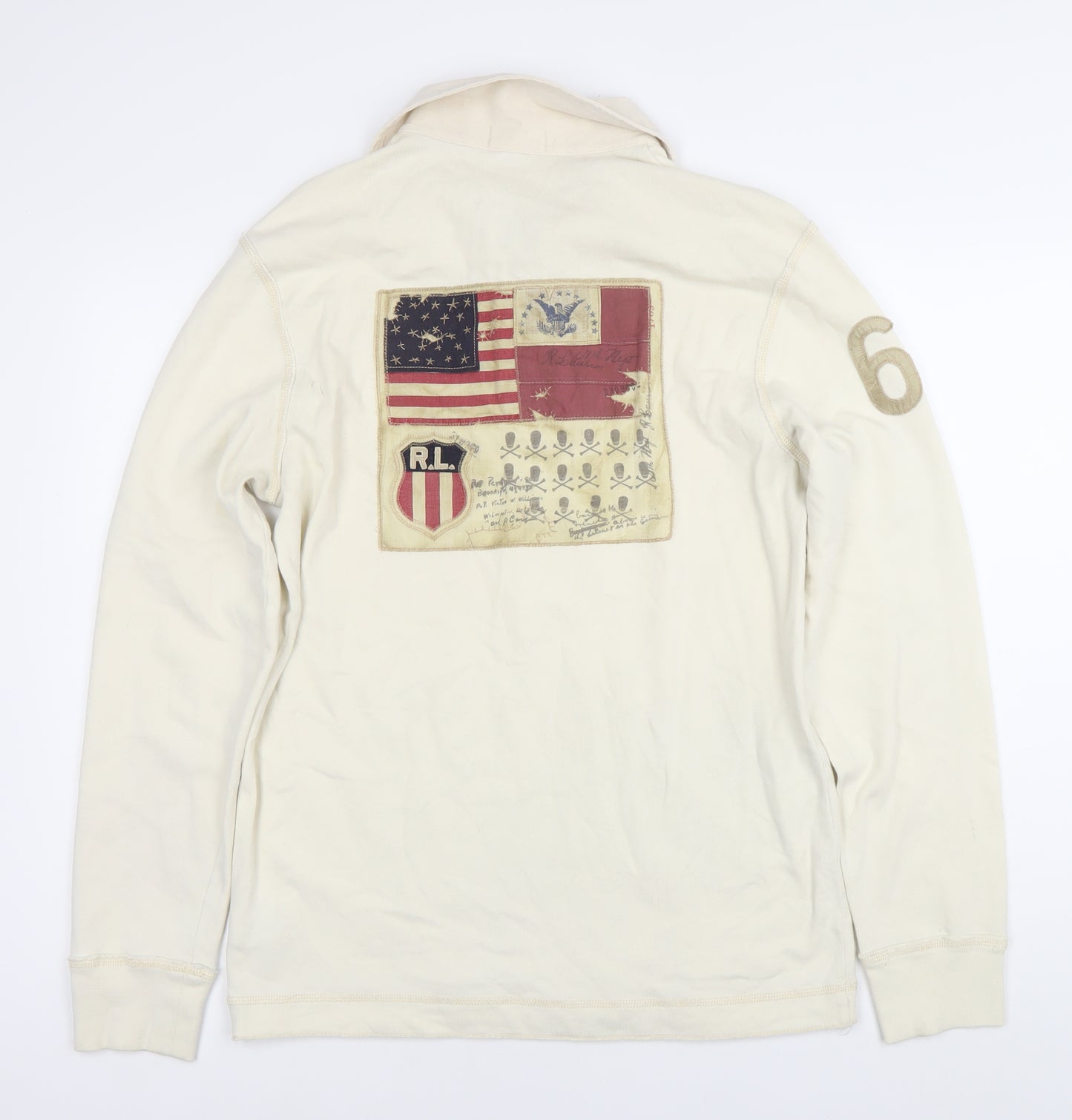 Ralph Lauren Mens Ivory Rugby Polo Shirt Long Sleeve M Cotton American Flag
