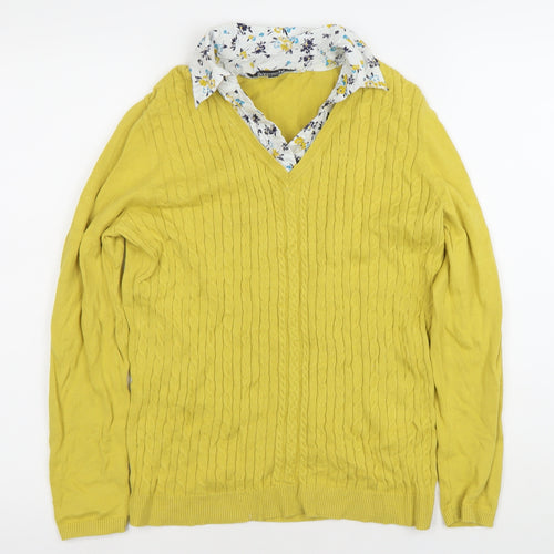 Bonmarche Womens Yellow Cable-Knit V-Neck Cotton Jumper Size 12/14