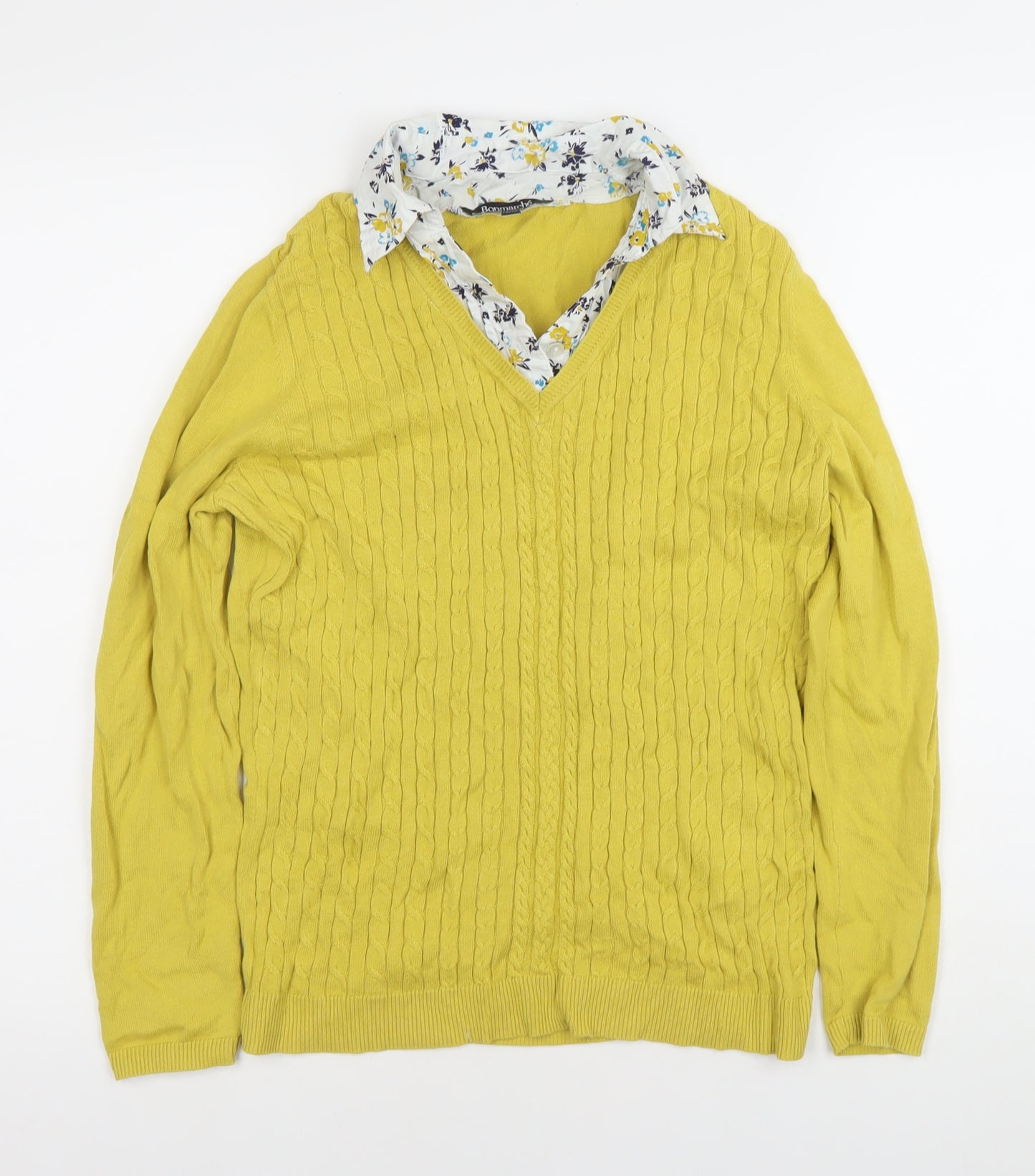 Bonmarche Womens Yellow Cable-Knit V-Neck Cotton Jumper Size 12/14