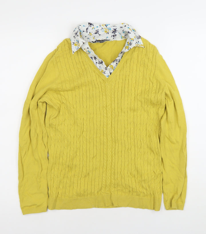 Bonmarche Womens Yellow Cable-Knit V-Neck Cotton Jumper Size 12/14