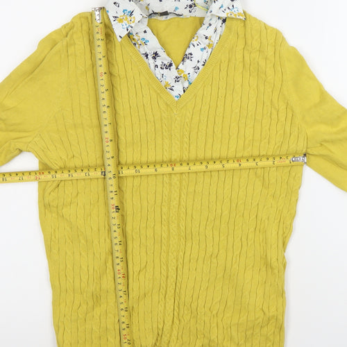 Bonmarche Womens Yellow Cable-Knit V-Neck Cotton Jumper Size 12/14