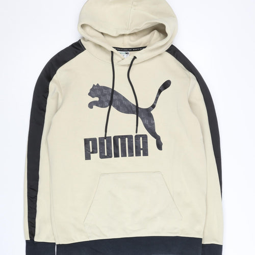 Puma Men’s Beige Pullover Hoodie Small Logo Sports Kangaroo Pocket