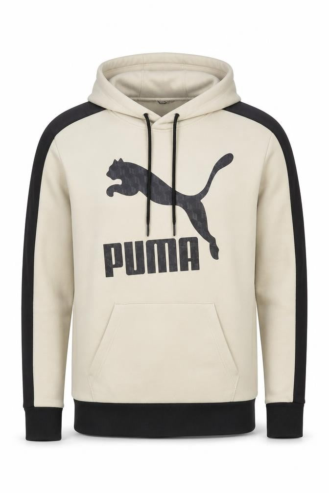 Front view of Puma Men’s Beige Pullover Hoodie Small Logo Sports Kangaroo Pocket