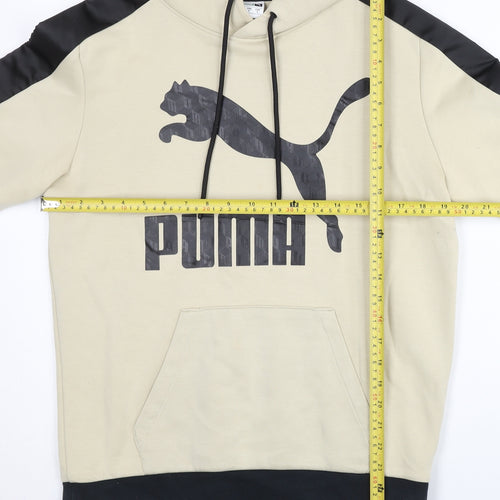 Puma Men’s Beige Pullover Hoodie Small Logo Sports Kangaroo Pocket
