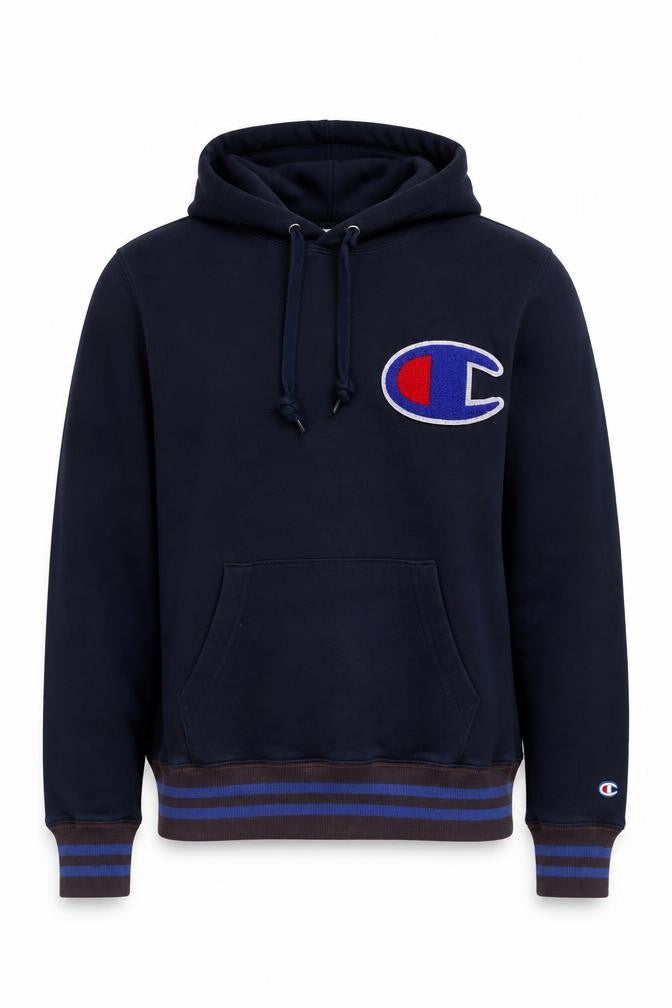 Front view of Champion Men’s Blue Pullover Hoodie Small Logo Fleece Sportswear