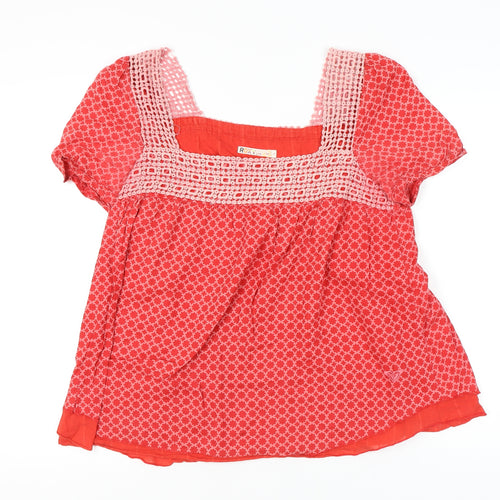 Roxy Women’s Red Geometric Crochet Square Neck Cotton Tunic Blouse L