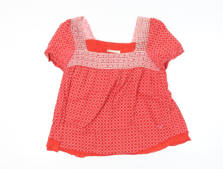 Roxy Women’s Red Geometric Crochet Square Neck Cotton Tunic Blouse L