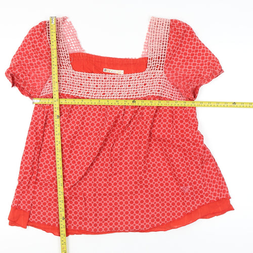 Roxy Women’s Red Geometric Crochet Square Neck Cotton Tunic Blouse L