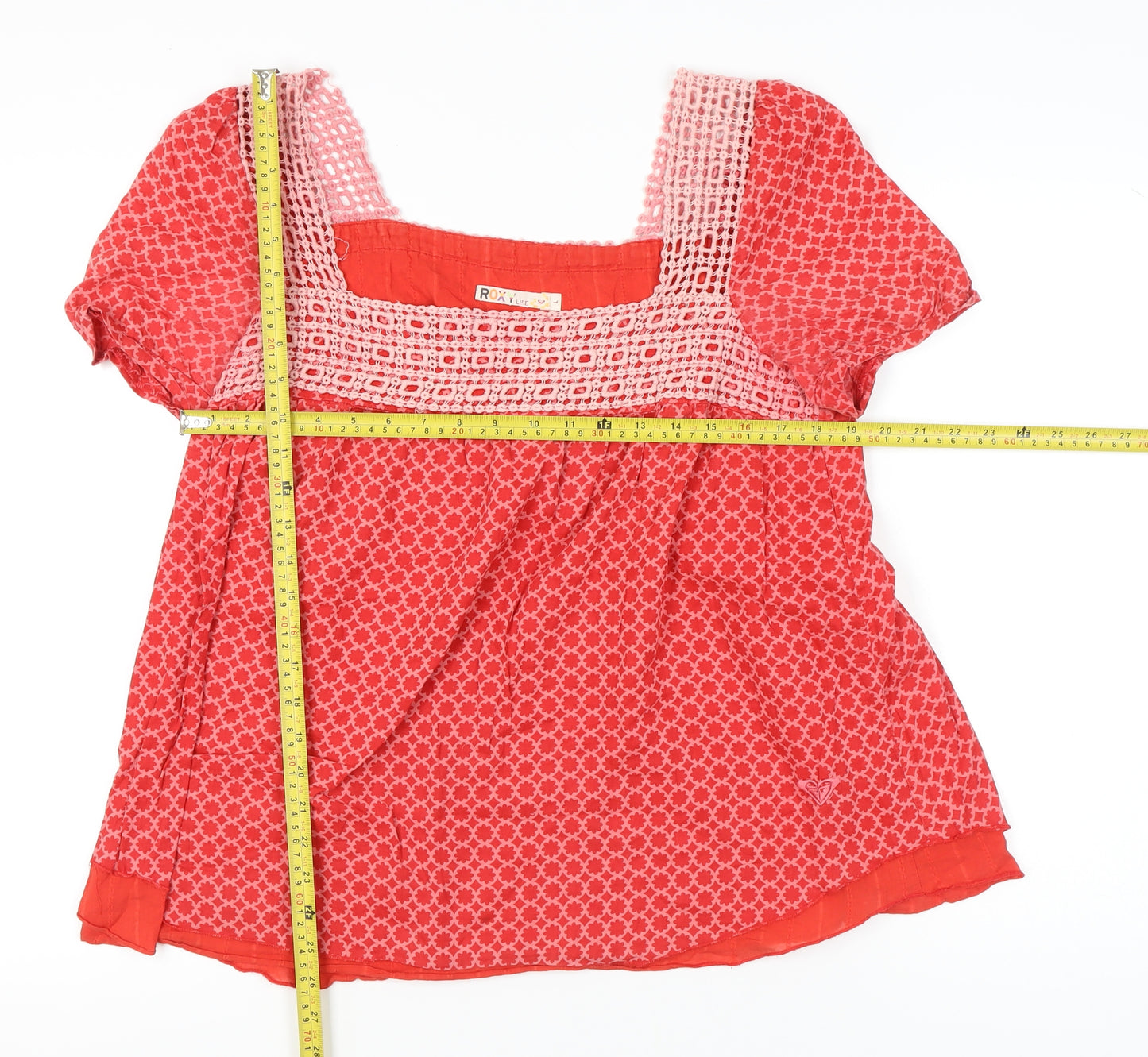 Roxy Women’s Red Geometric Crochet Square Neck Cotton Tunic Blouse L