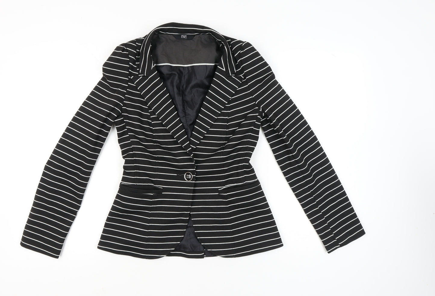 F&F Women’s Black White Stripe Slim Fit One-Button Blazer Size 8