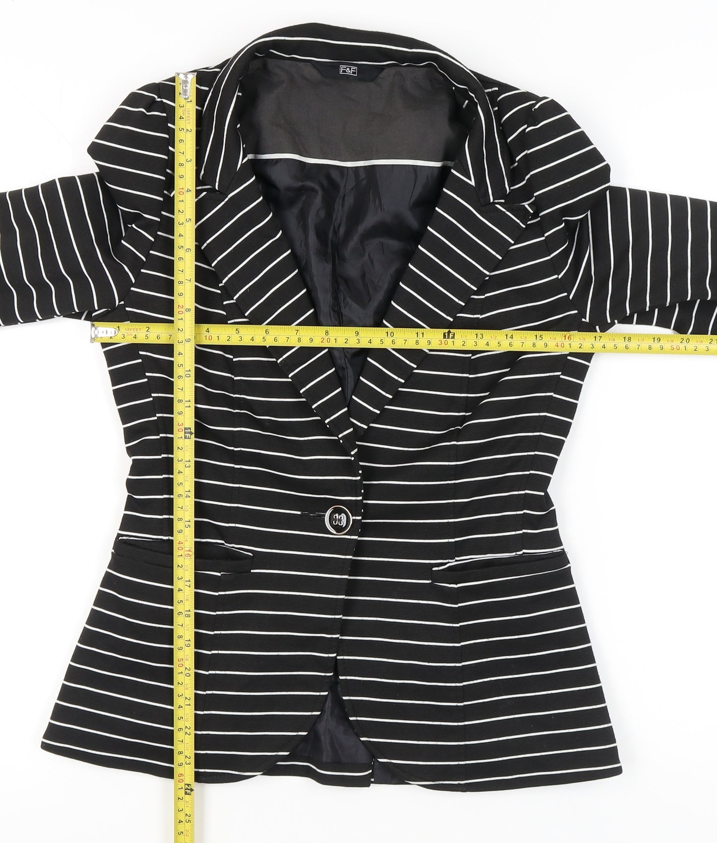 F&F Women’s Black White Stripe Slim Fit One-Button Blazer Size 8