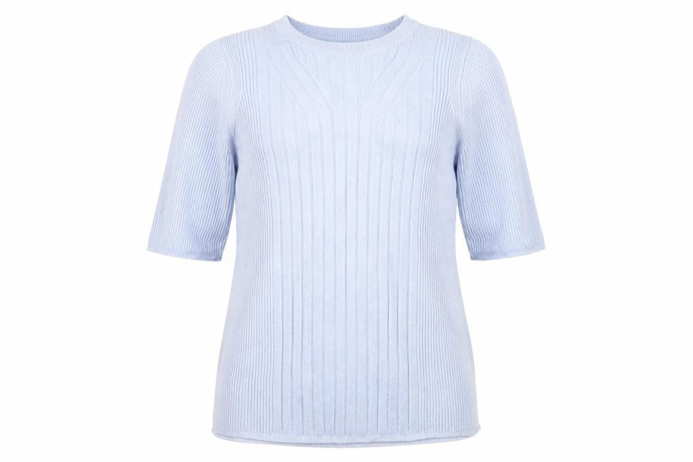 Front view of Marks & Spencer Women's Blue Mock Neck Rib-Knit Jumper M