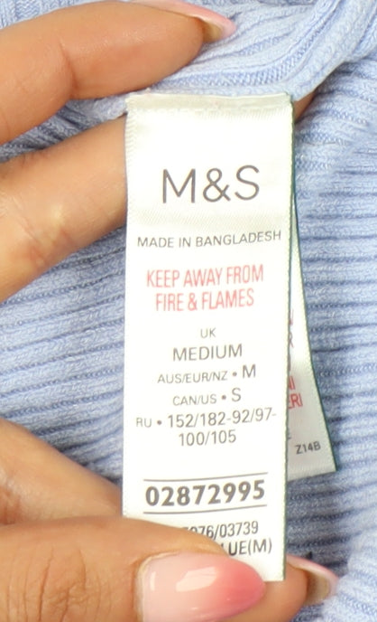Marks and Spencer Women's Blue Mock Neck Rib-Knit Jumper M