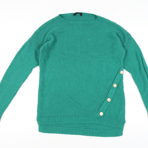 Peacocks Women's Green Medium Crew Neck Pullover Jumper with Button Detail