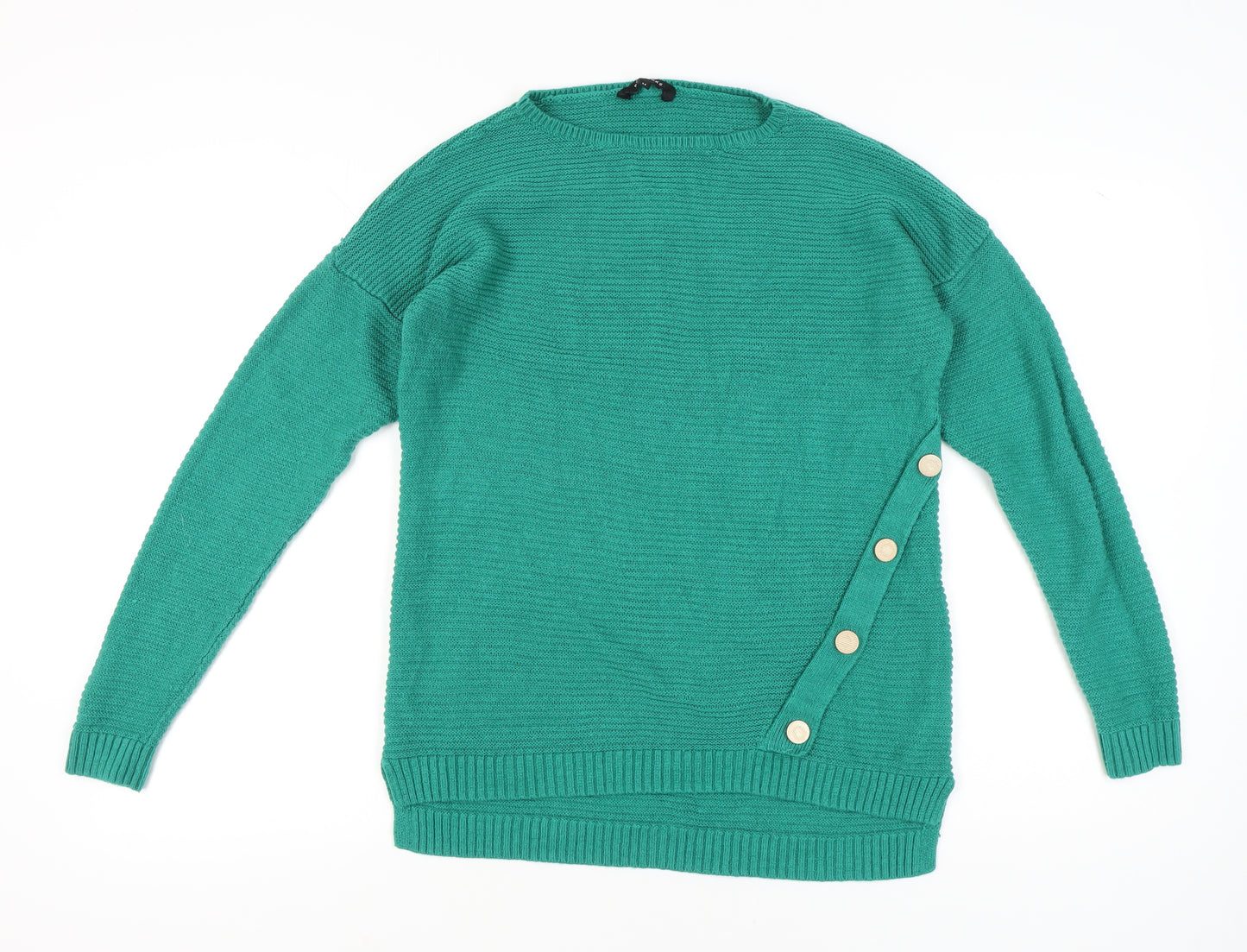 Peacocks Women's Green Medium Crew Neck Pullover Jumper with Button Detail