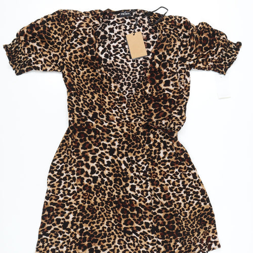 Pieces Women's Brown Leopard Print Wrap Dress Short Puff Sleeve Size S