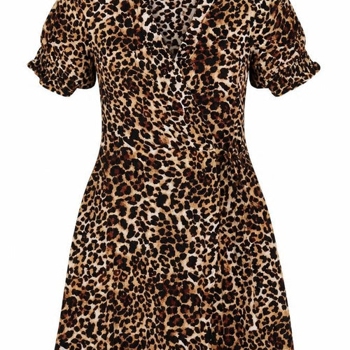 Pieces Women's Brown Leopard Print Wrap Dress Short Puff Sleeve Size S