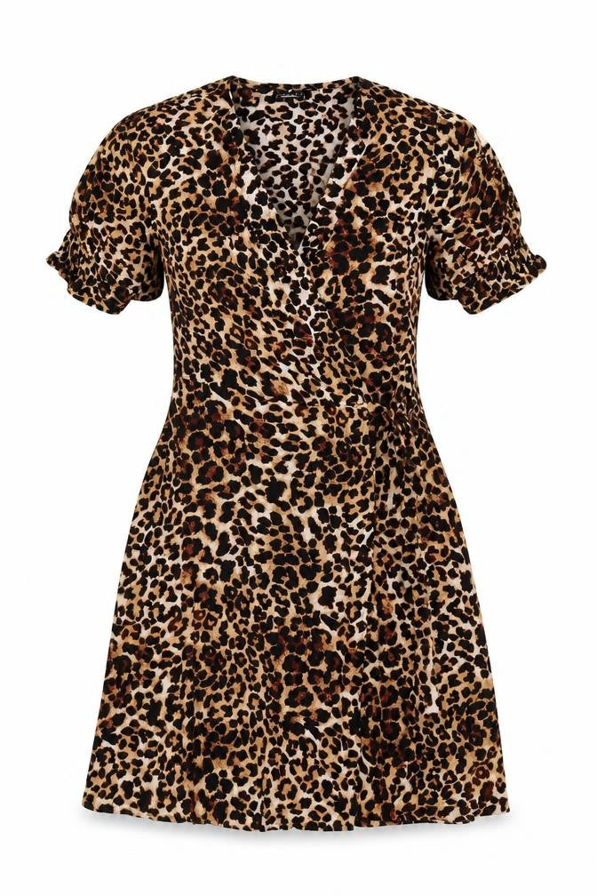 Pieces Women's Brown Leopard Print Wrap Dress Short Puff Sleeve Size S
