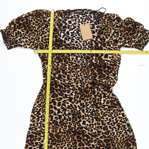 Pieces Women's Brown Leopard Print Wrap Dress Short Puff Sleeve Size S