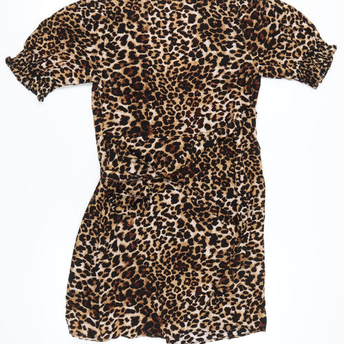 Pieces Women's Brown Leopard Print Wrap Dress Short Puff Sleeve Size S