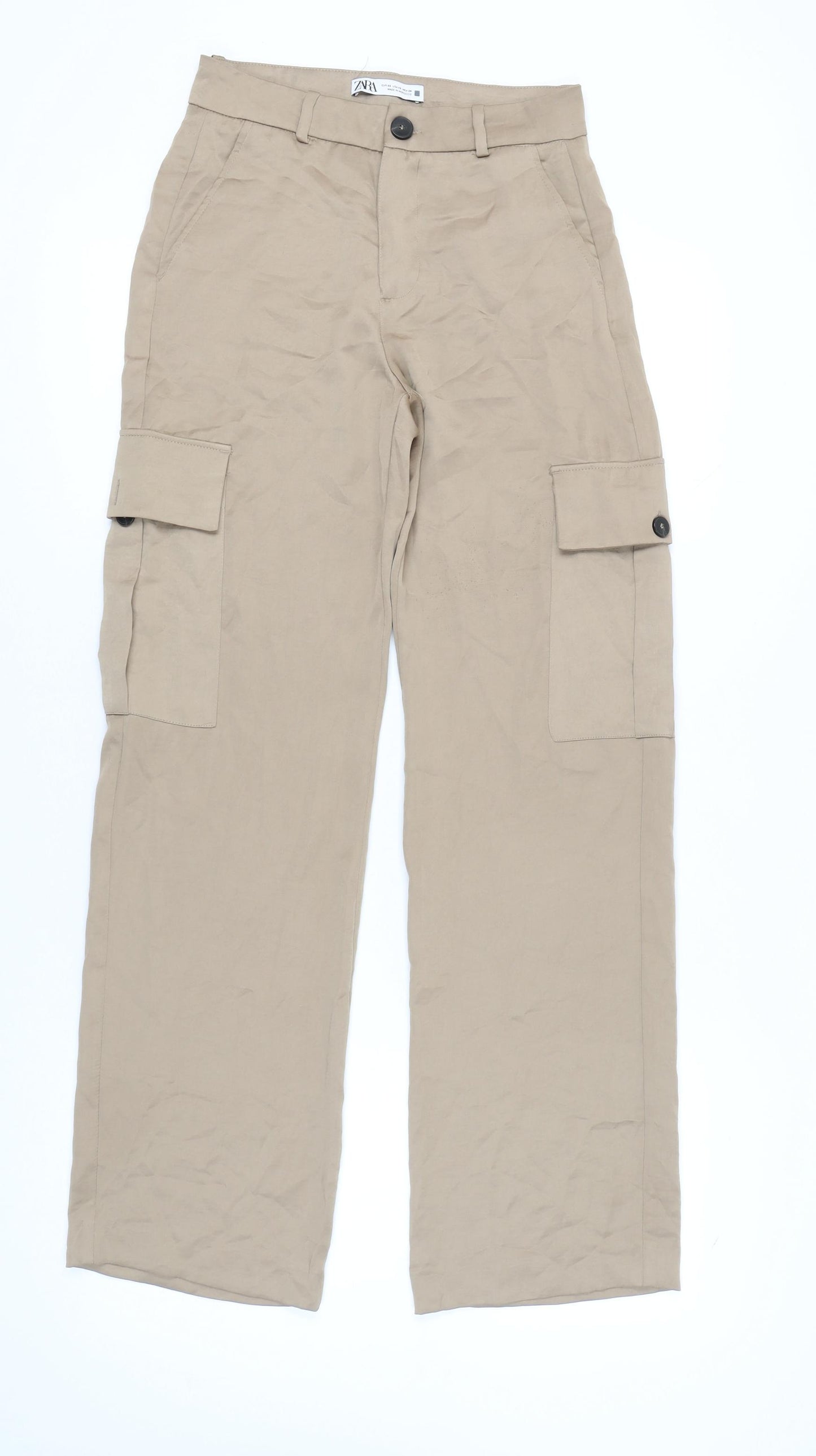 Zara Womens Beige XS Cargo Trousers Cotton Blend Mid Rise