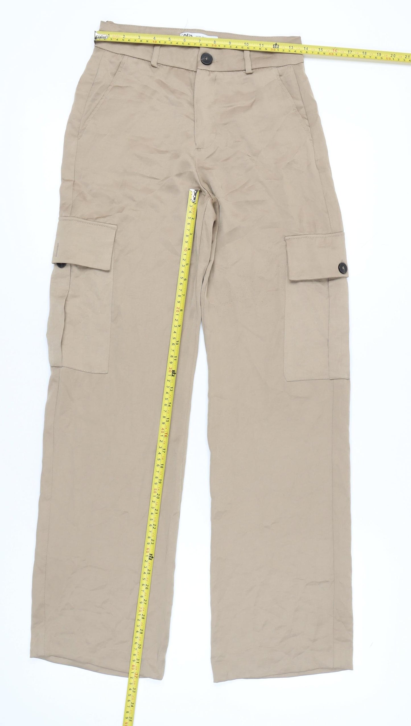 Zara Womens Beige XS Cargo Trousers Cotton Blend Mid Rise