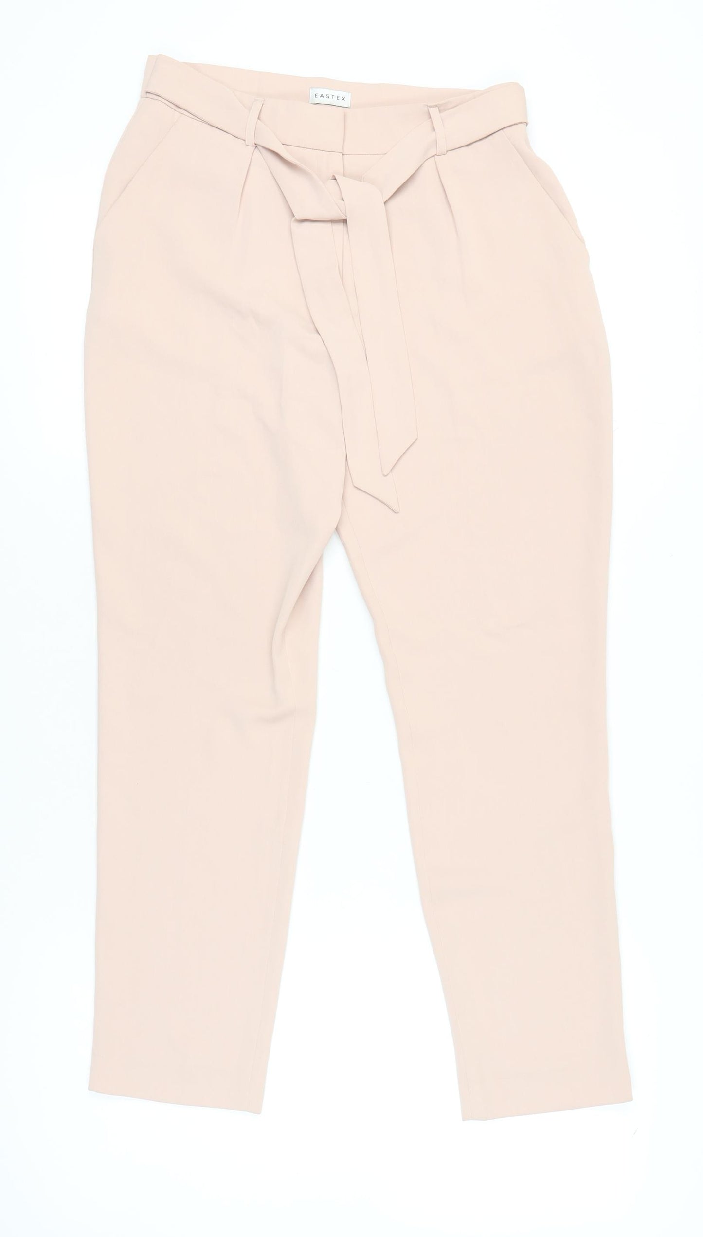Eastex Women Beige Size 10 Paperbag Tapered Trousers Belted