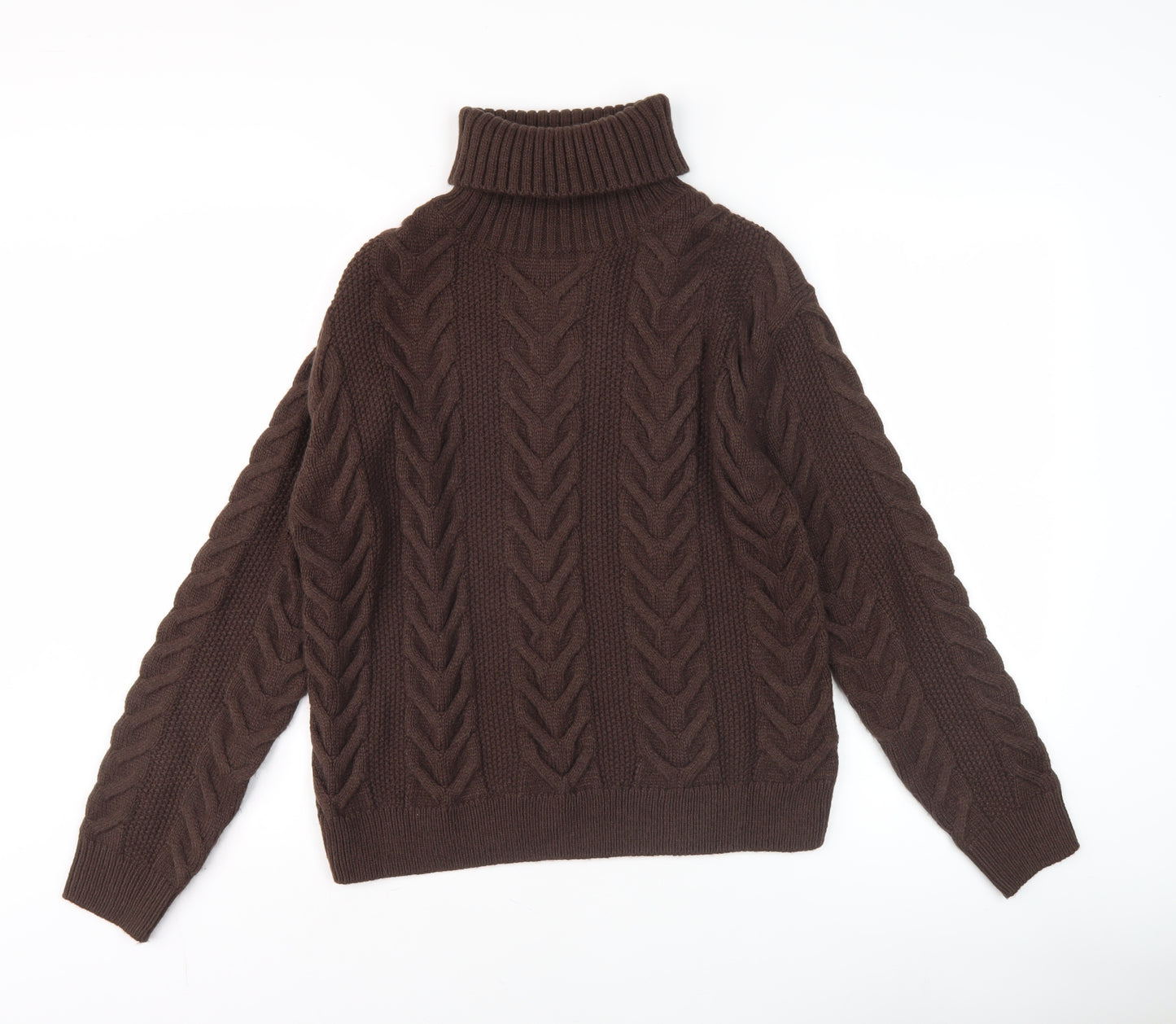 Marks and Spencer Women's Brown Roll Neck Cable-Knit Jumper Size S
