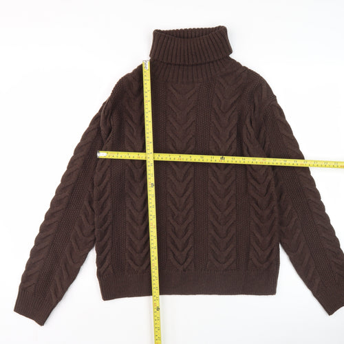 Marks and Spencer Women's Brown Roll Neck Cable-Knit Jumper Size S