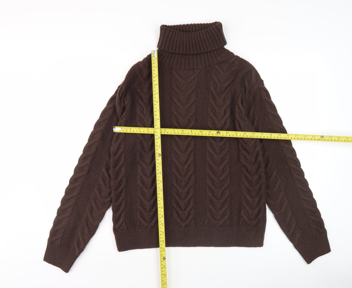 Marks and Spencer Women's Brown Roll Neck Cable-Knit Jumper Size S