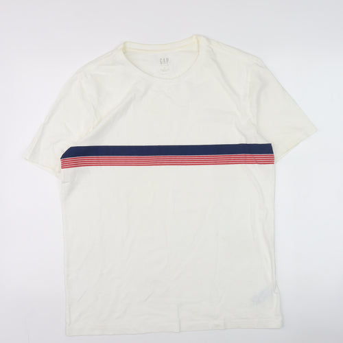 GAP Men's White Stripe Crew Neck Cotton T-Shirt M Regular Fit