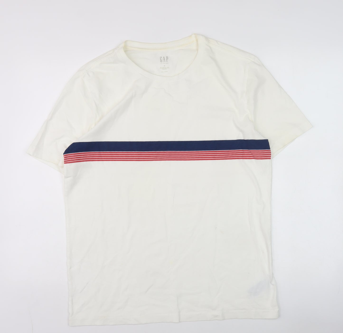 GAP Men's White Stripe Crew Neck Cotton T-Shirt M Regular Fit