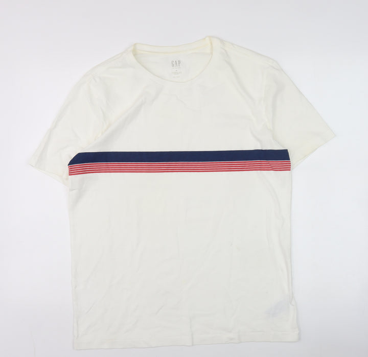 GAP Men's White Stripe Crew Neck Cotton T-Shirt M Regular Fit