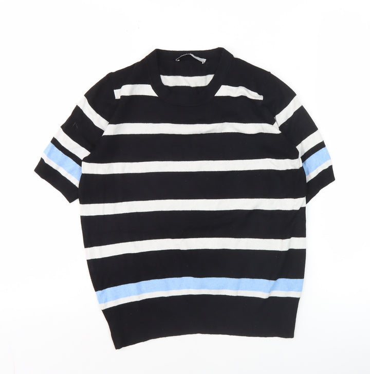 Zara Women’s Black Stripe Knit Short Sleeve Crew Neck Top Size S