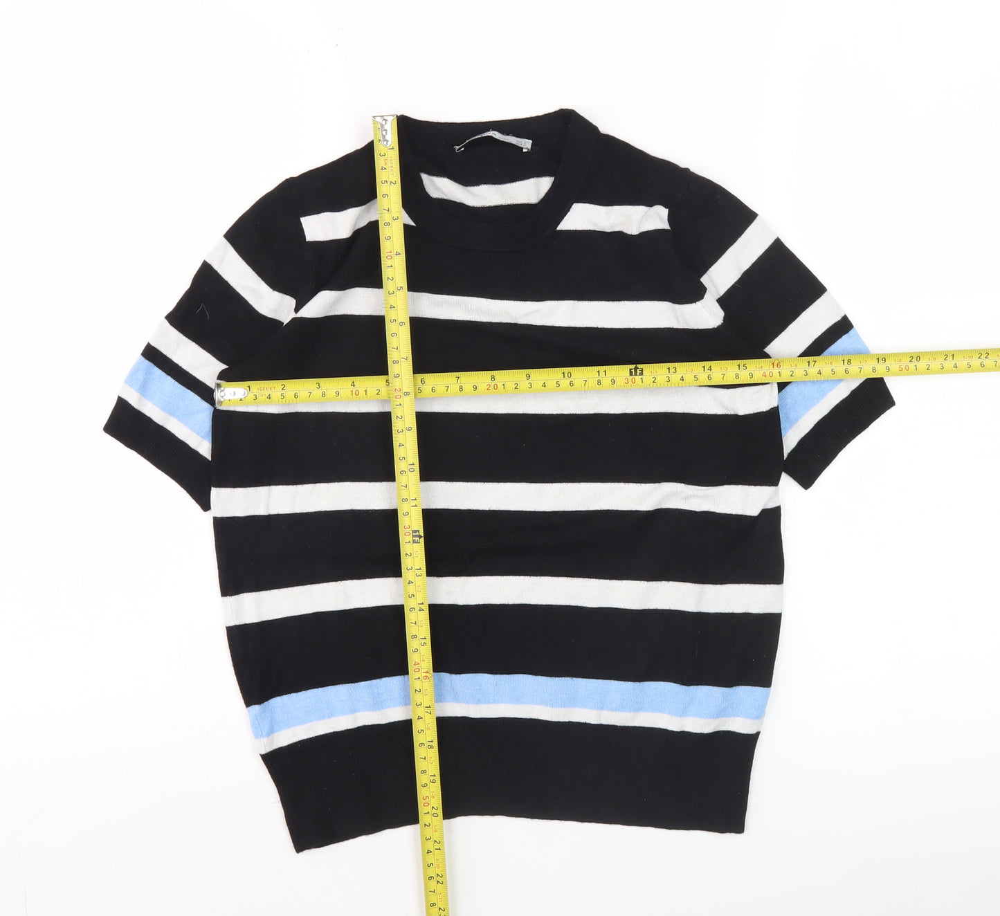 Zara Women’s Black Stripe Knit Short Sleeve Crew Neck Top Size S