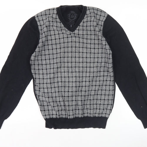 Smog Men's Black Check Front V-Neck Pullover Jumper M Regular