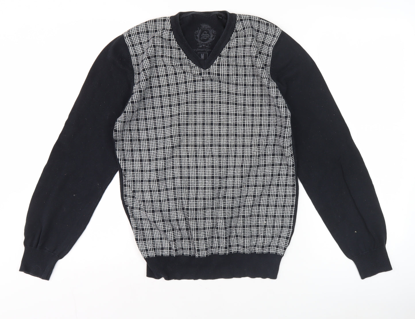 Smog Men's Black Check Front V-Neck Pullover Jumper M Regular