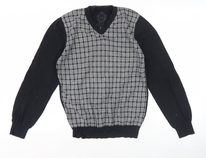 Smog Men's Black Check Front V-Neck Pullover Jumper M Regular