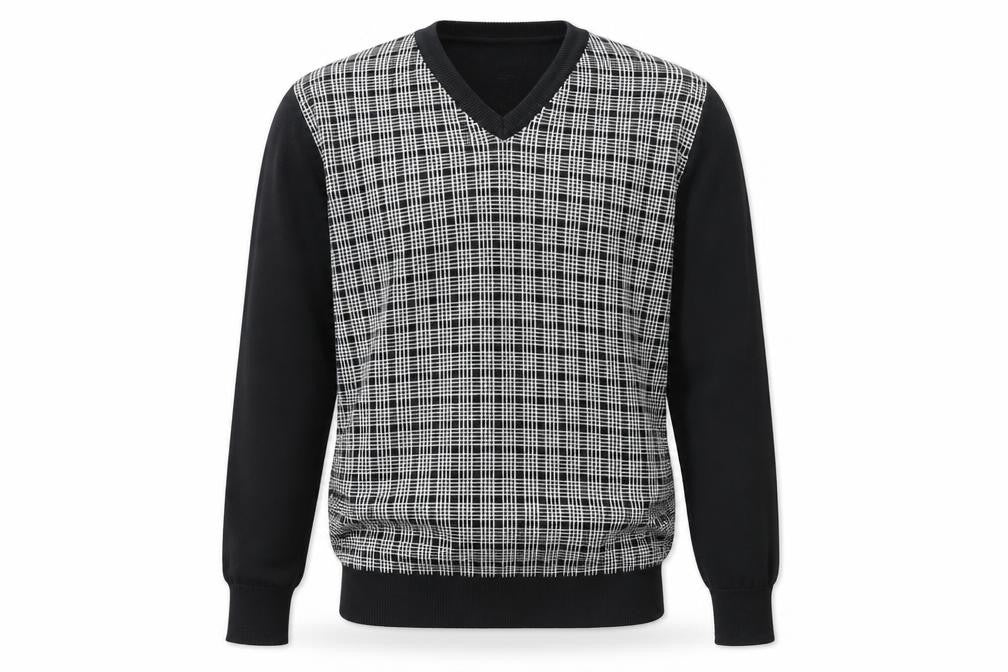 Front view of Smog Men's Black Check Front V-Neck jumper M Regular