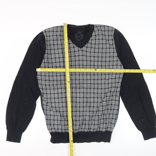 Smog Men's Black Check Front V-Neck Pullover Jumper M Regular