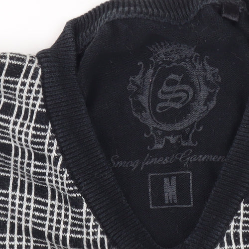 Smog Men's Black Check Front V-Neck Pullover Jumper M Regular